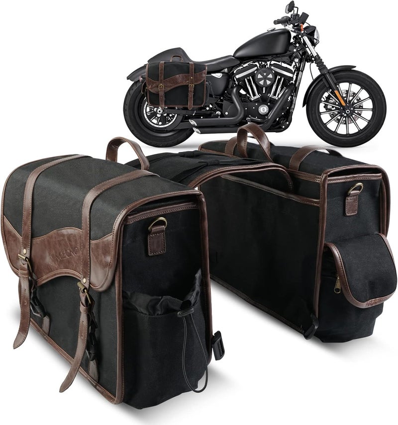 NICECNC Motorcycle Saddle Bags, Vintage Oil Waxed Canvas Saddlebags Motorcycle Panniers Side Throw Over Saddle Bags Compatible with Harley Honda Suzuki Yamaha Adventure Street Glide Brown - Image 1